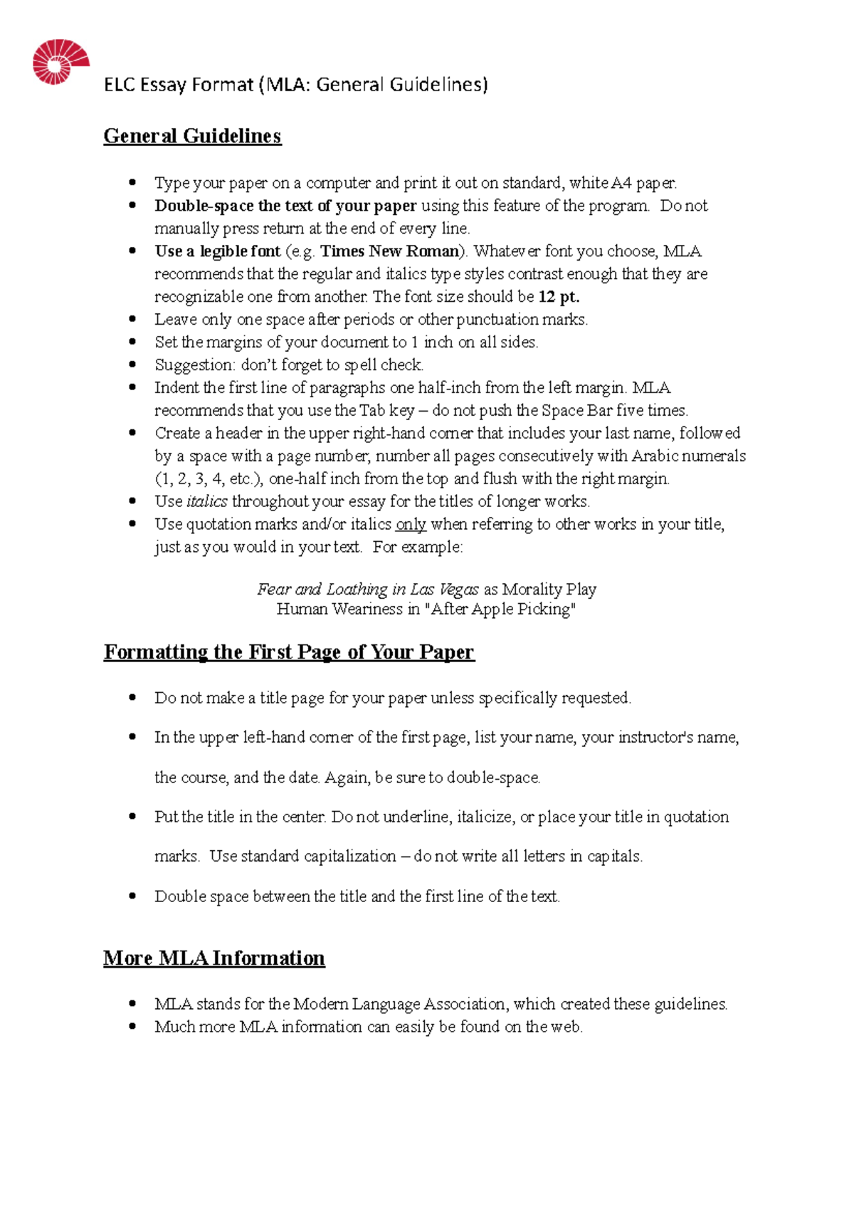 ELC Essay Format - ssssss - ELC Essay Format (MLA: General Guidelines ...