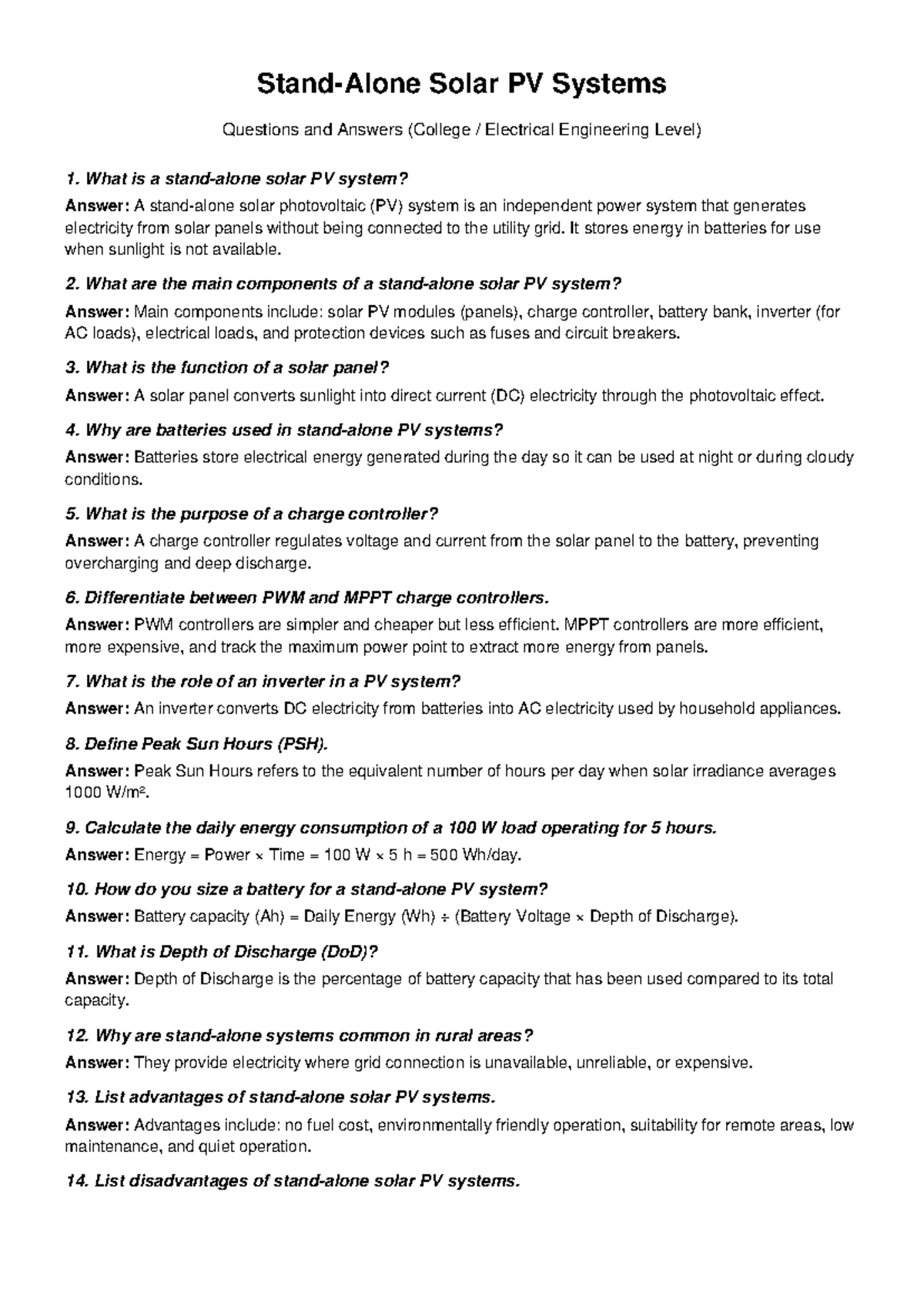 EE 101: Standalone Solar PV Systems Q&A Guide - Studocu