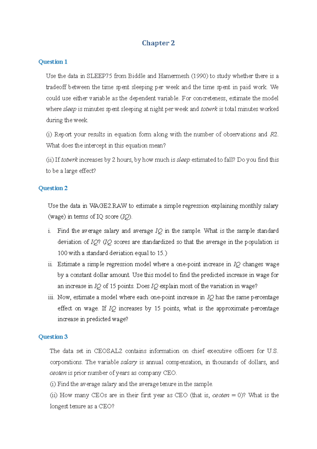 Chapter 2 Tutorial 1: Applied Econometrics Analysis and Regression ISB ...