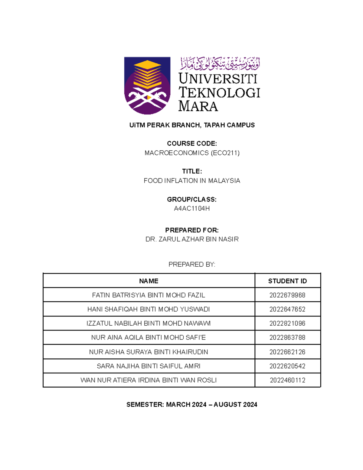 GA ECO211- Group 1 - ECO - UiTM PERAK BRANCH, TAPAH CAMPUS COURSE CODE ...