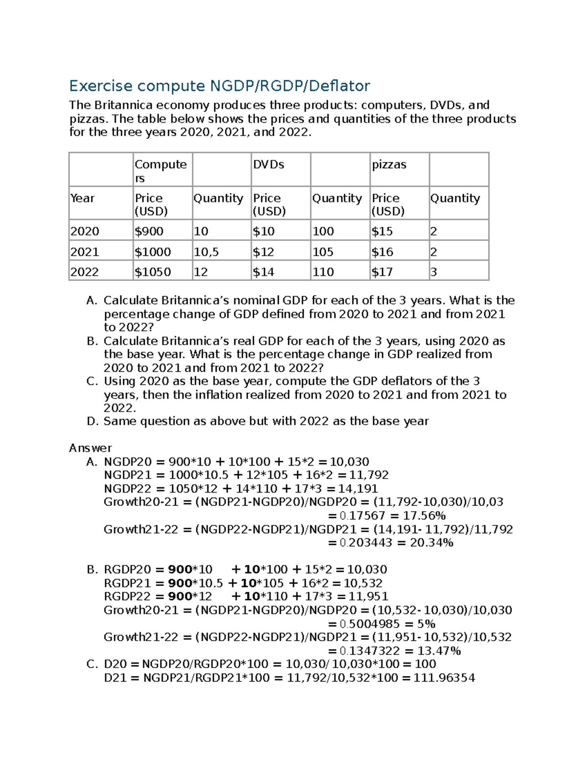 Exercise compute GDP - detail - Exercise compute NGDP/RGDP/Deflator The ...
