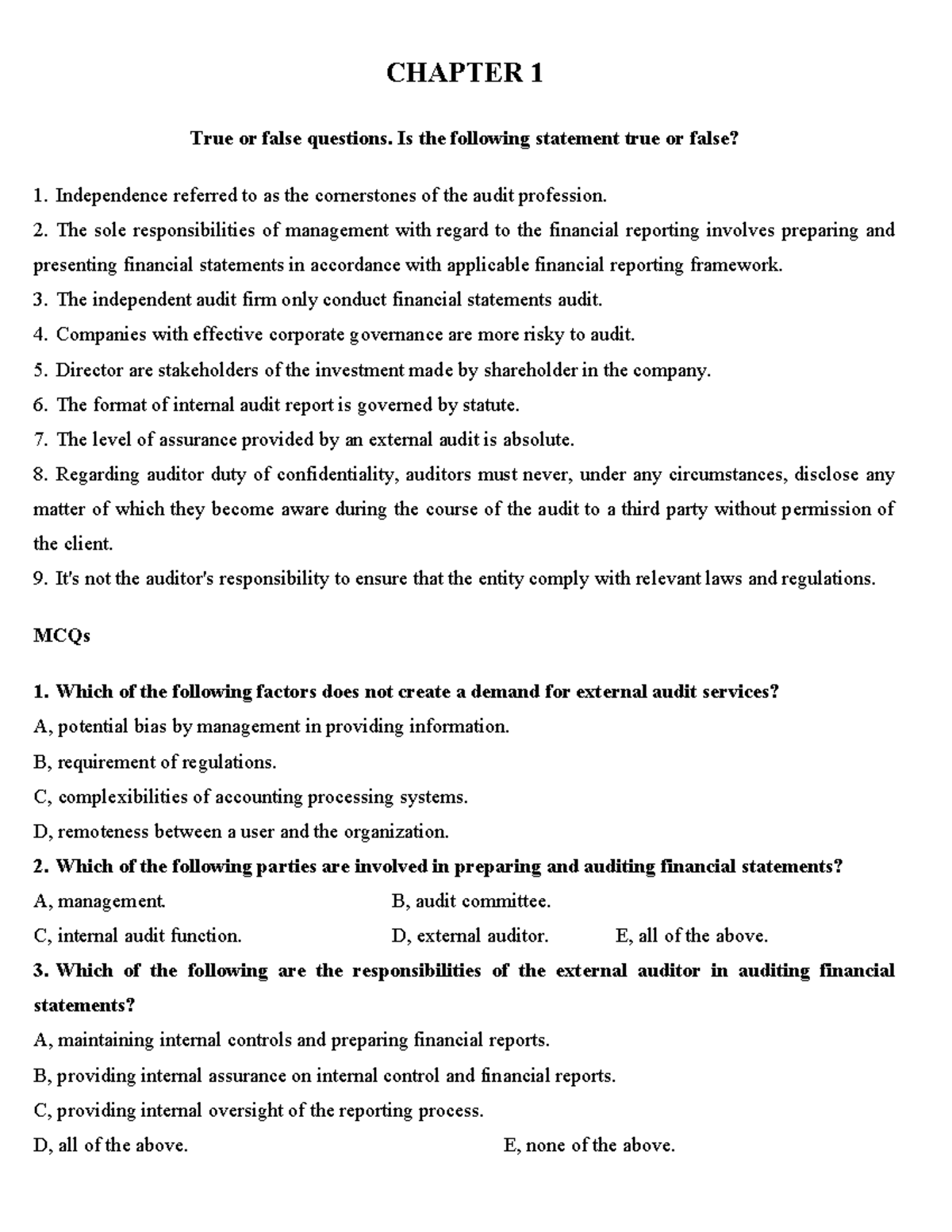 BTVN - Chapter 1: True or False Questions on Auditing Principles - Studocu
