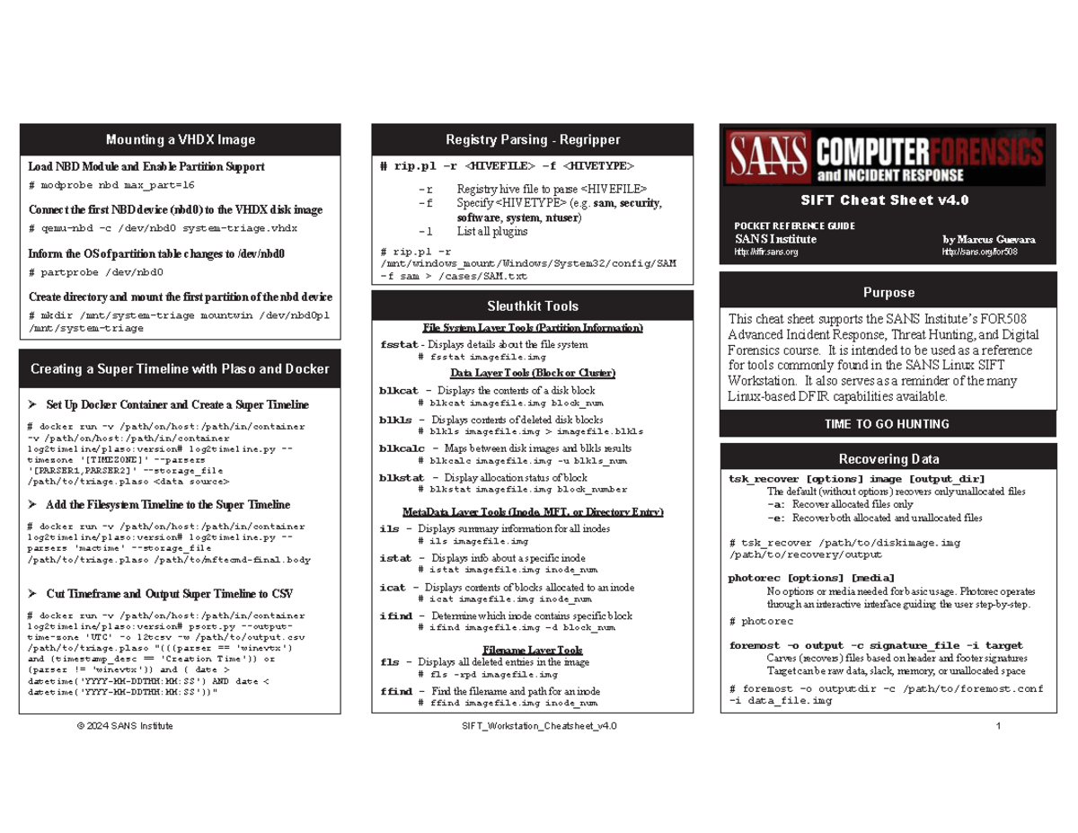 SANS FOR508 SIFT Workstation Cheat Sheet v4.0 - Studocu