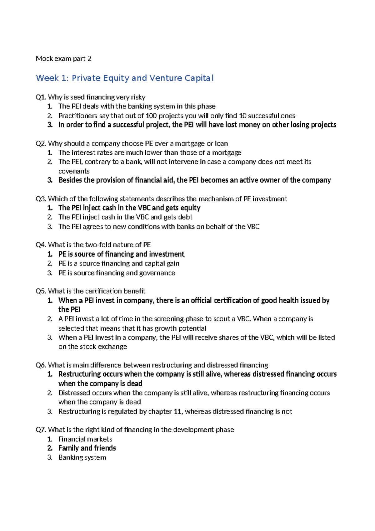 Mock Exam Part 2: Private Equity & Venture Capital Concepts - Studocu