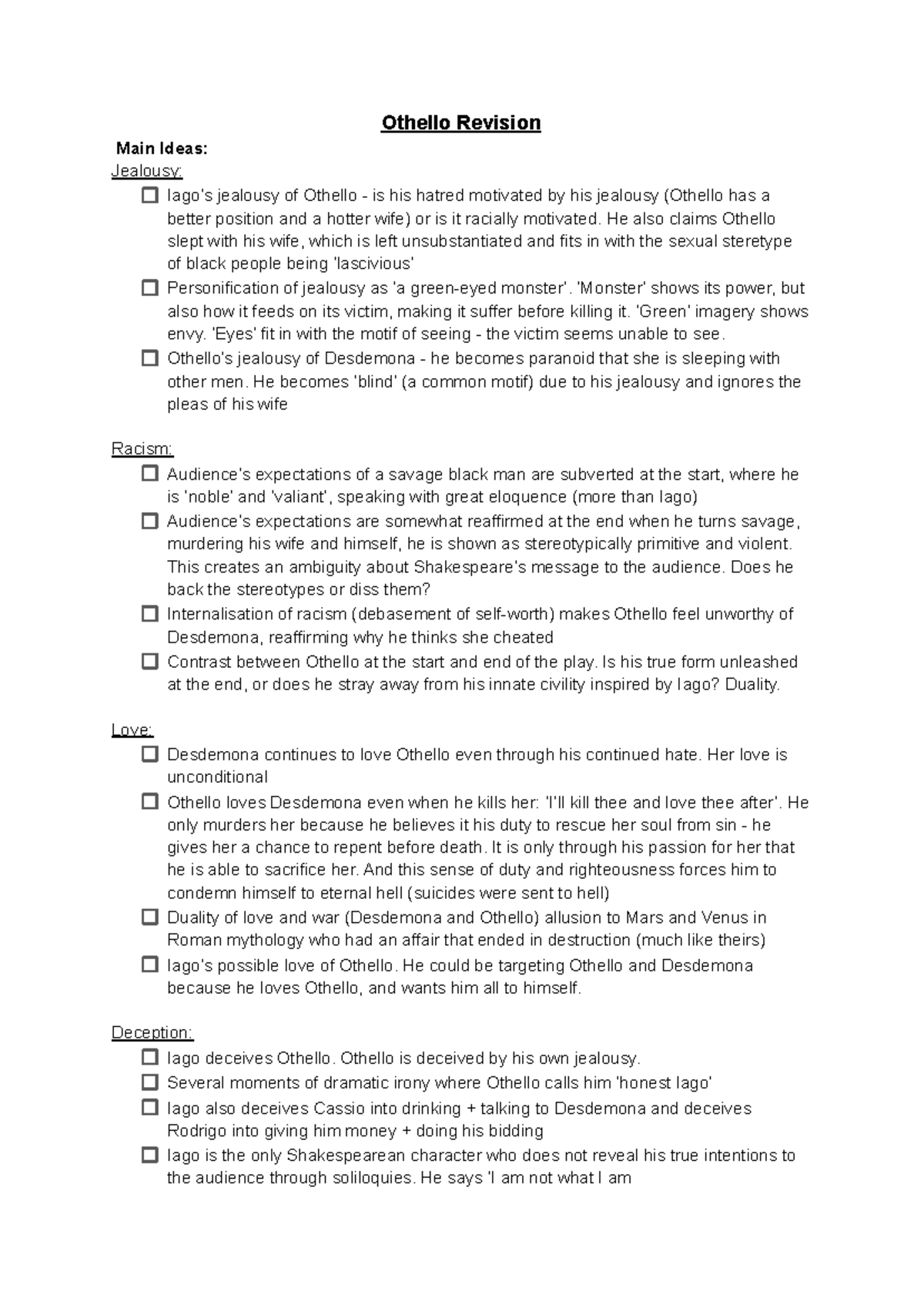 Othello Revision Notes: Themes of Jealousy, Racism, and Deception - Studocu