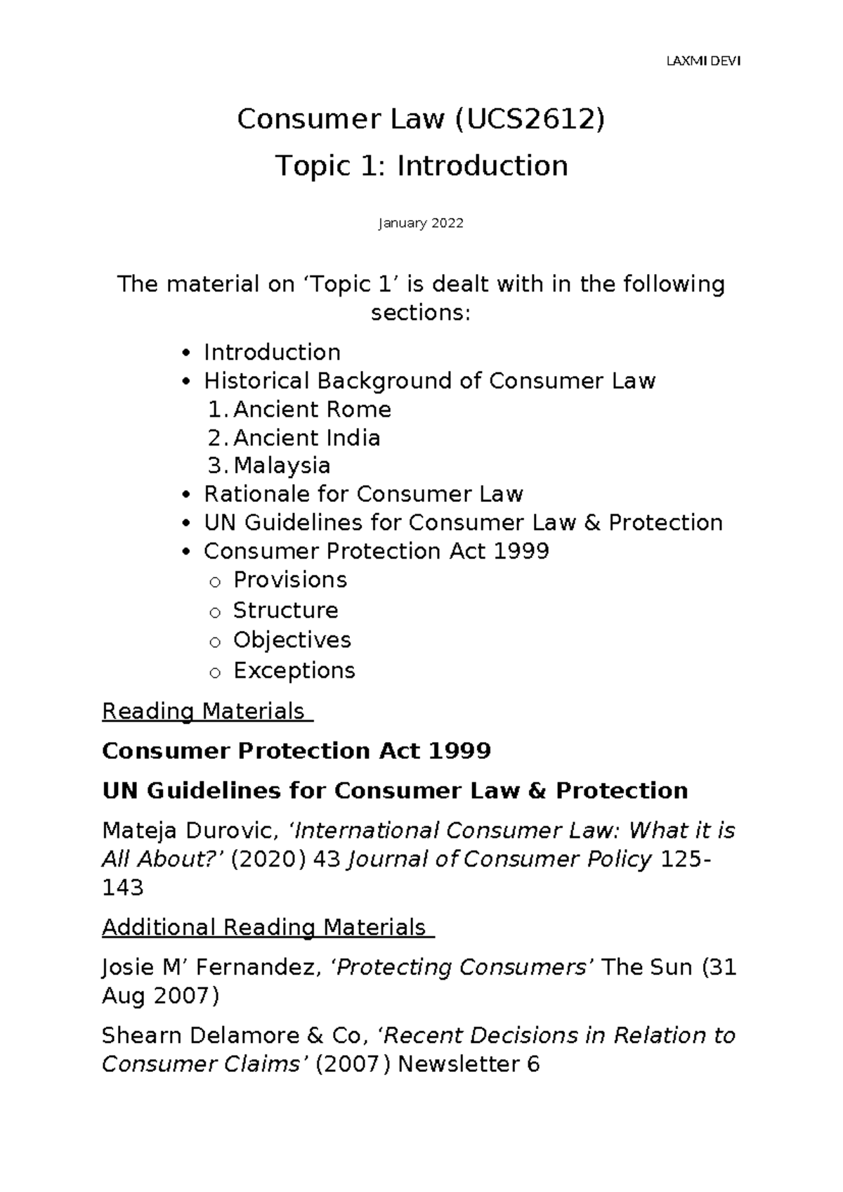 Topic 1 Handout - consumer law - Consumer Law (UCS2612) Topic 1 ...