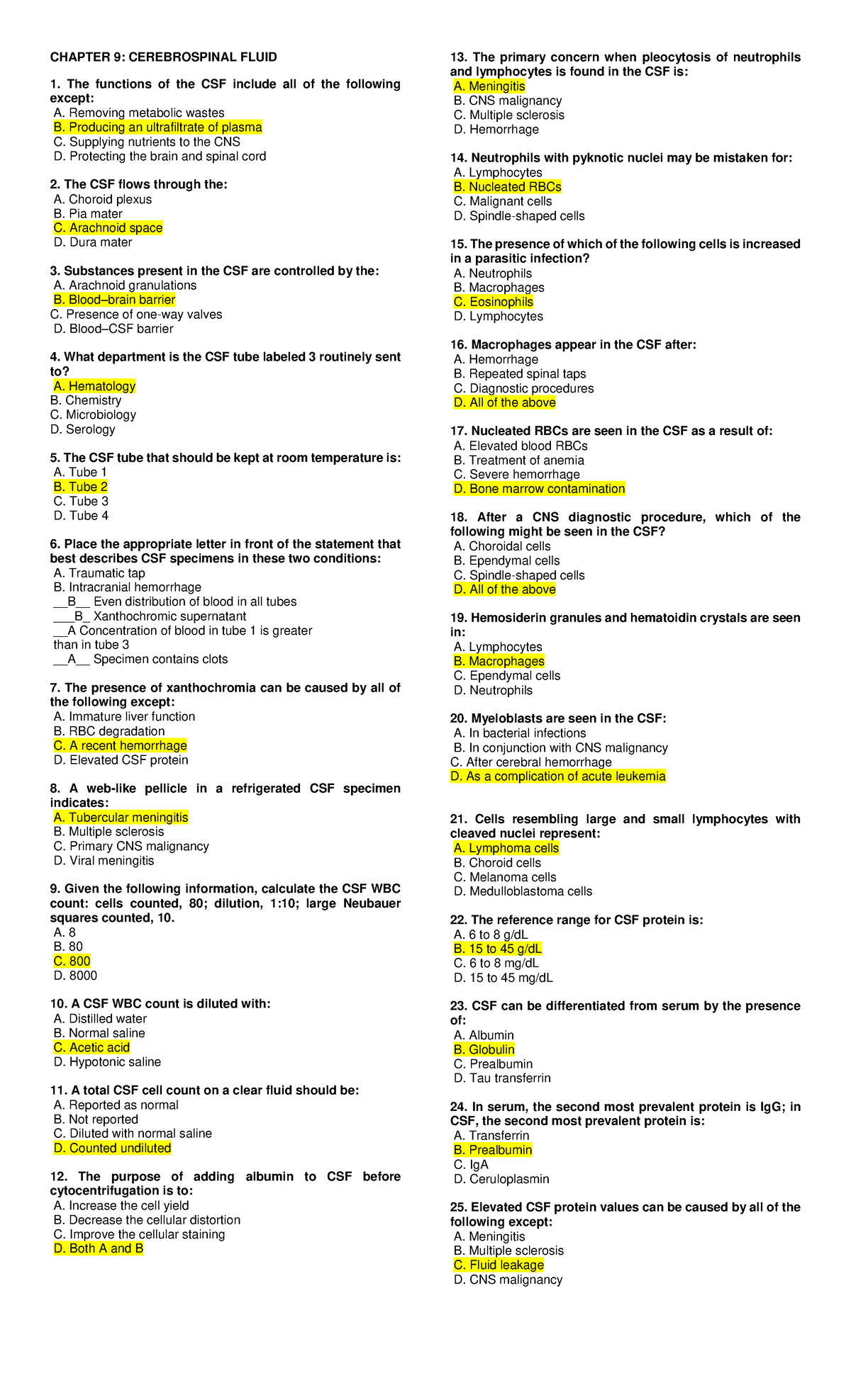 AUBF Finals BOOK QAs - hhhh - CHAPTER 9: CEREBROSPINAL FLUID The ...