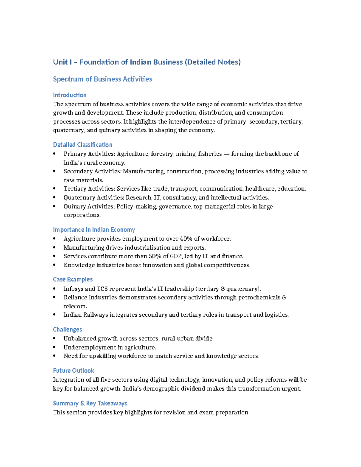 MGN101 Unit I: Foundations of Indian Business (Detailed Notes) - Studocu