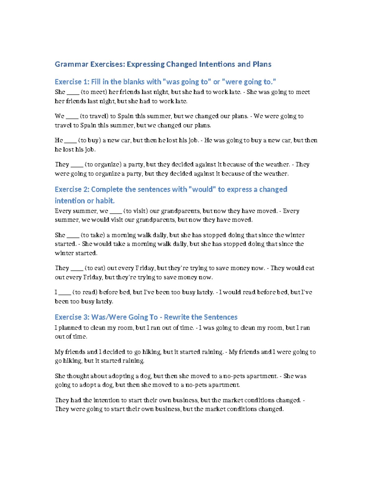 Grammar Exercises: Changed Plans and Intentions (ENG101) - Studocu