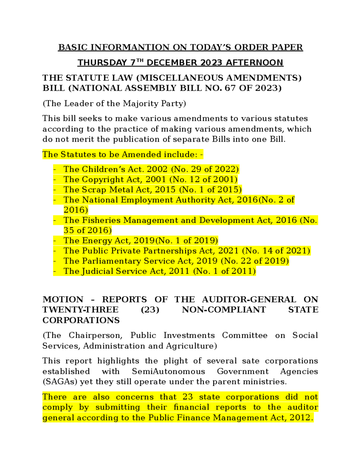 National Assembly 07-Dec-2023 Afternoon Basic Info on Bills - Studocu