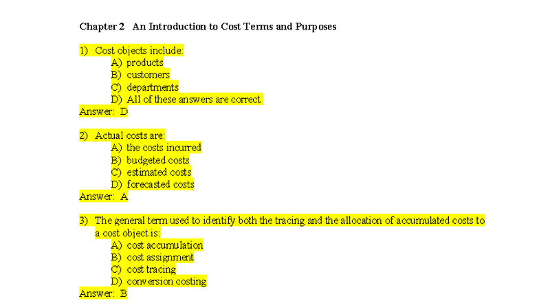 Chapter 2: Introduction to Cost Terms and Their Applications - Studocu