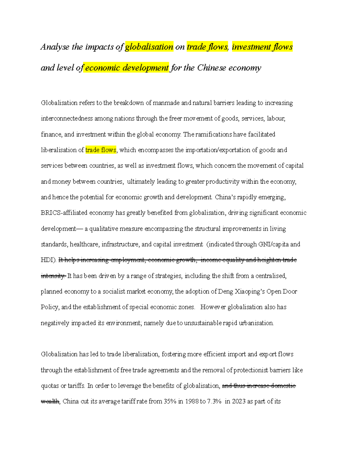 T1 HSC China Essay: Impacts of Globalisation on Trade & Economy - Studocu