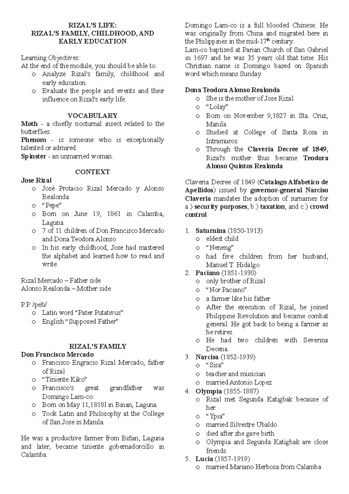 Group 1 Rizal Notes - cececrcrcececexexexecec - RIZAL'S LIFE: RIZAL'S ...