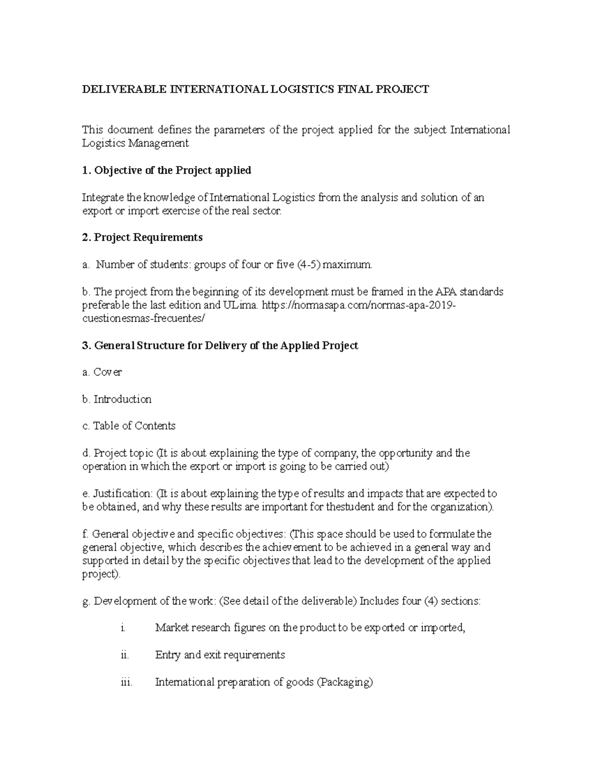 International Logistics MGT 101 Final Project Guidelines and Structure ...