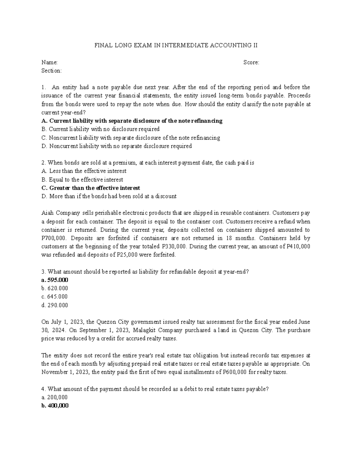 FINAL LONG EXAM IN INTERMEDIATE ACCOUNTING II - AK-IA - Studocu
