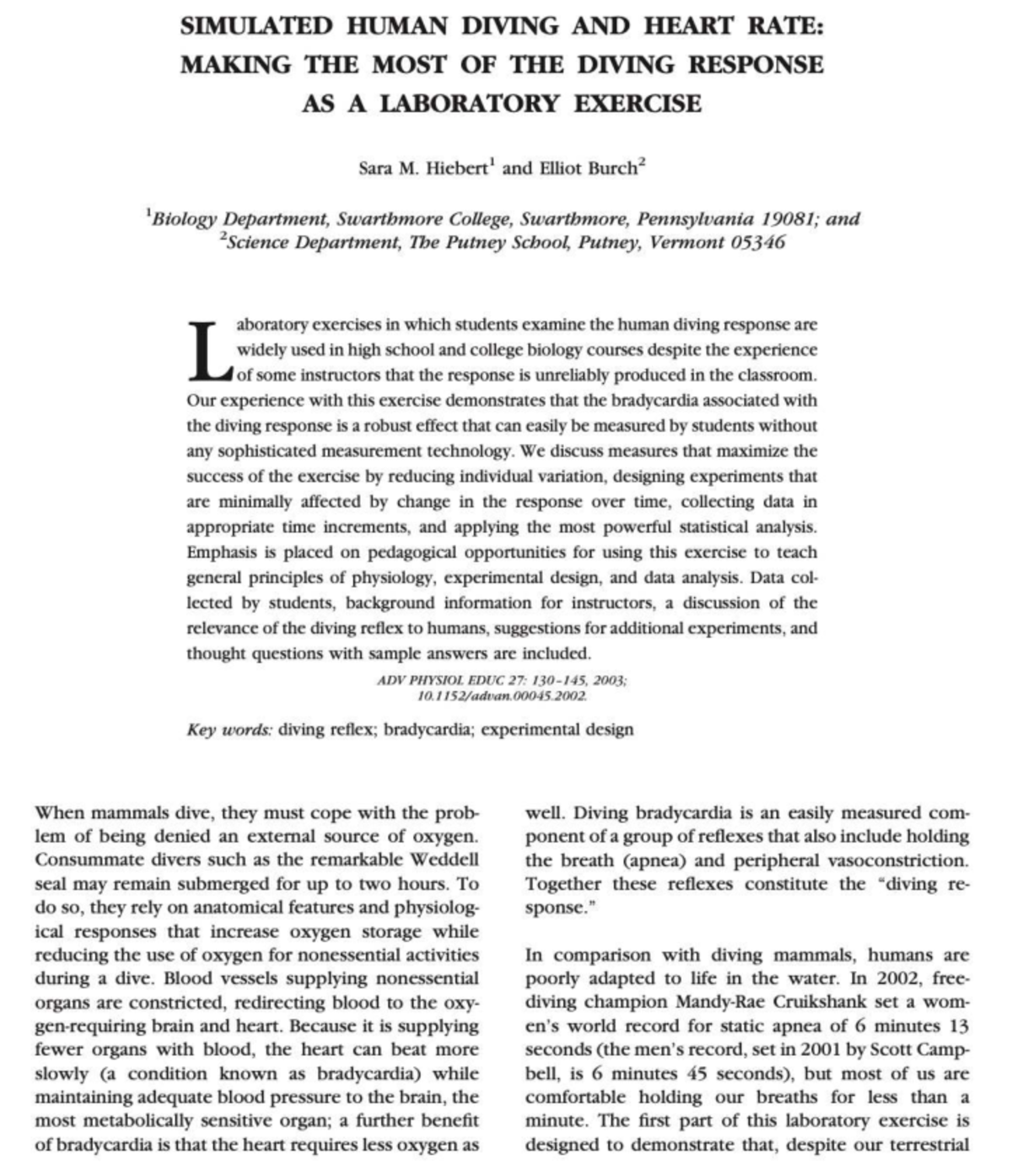 Human Diving Reflex: Exploring Bradycardia in Laboratory Exercises (BIO ...