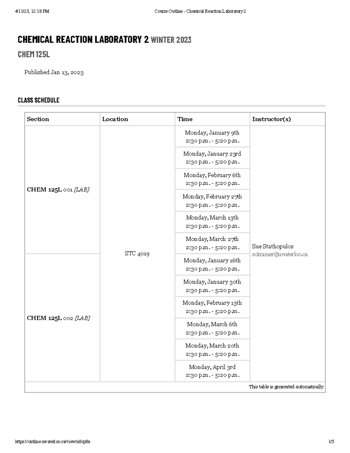 CHEM 125L - Chemical Reaction Lab Schedule & Course Overview Spring ...