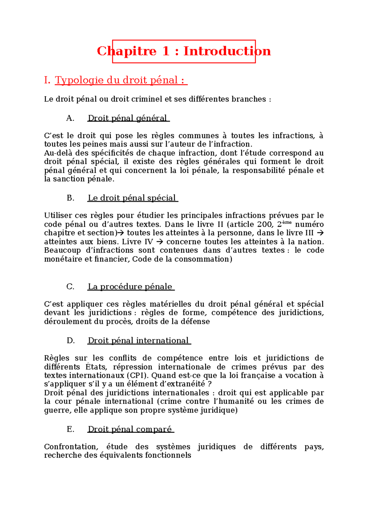 Introduction droit pénal - Chapitre 1 : Introduction I. Typologie du ...