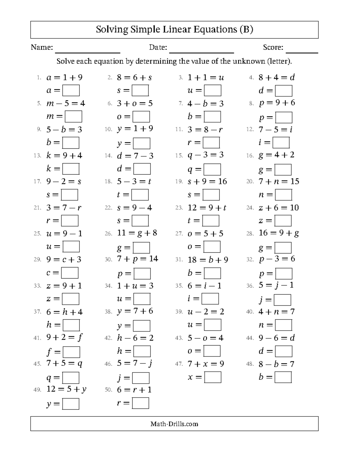 Solving Simple Linear Equations (B) - Practice Problems - Studocu