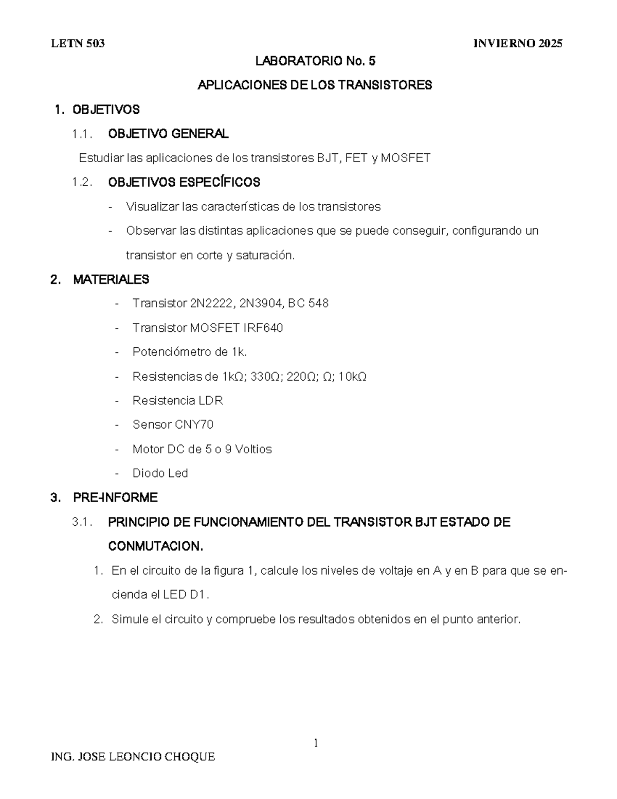 LETN 503 INVIERNO 2025 LABORATORIO No. 5: APLICACIONES DE TRANSISTORES ...