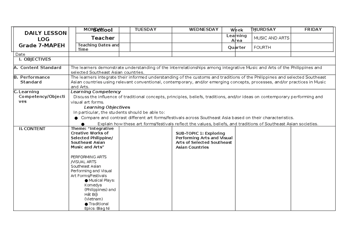 DLL MA WEEK 1-2: Daily Lesson Log on Southeast Asian Arts Integration ...