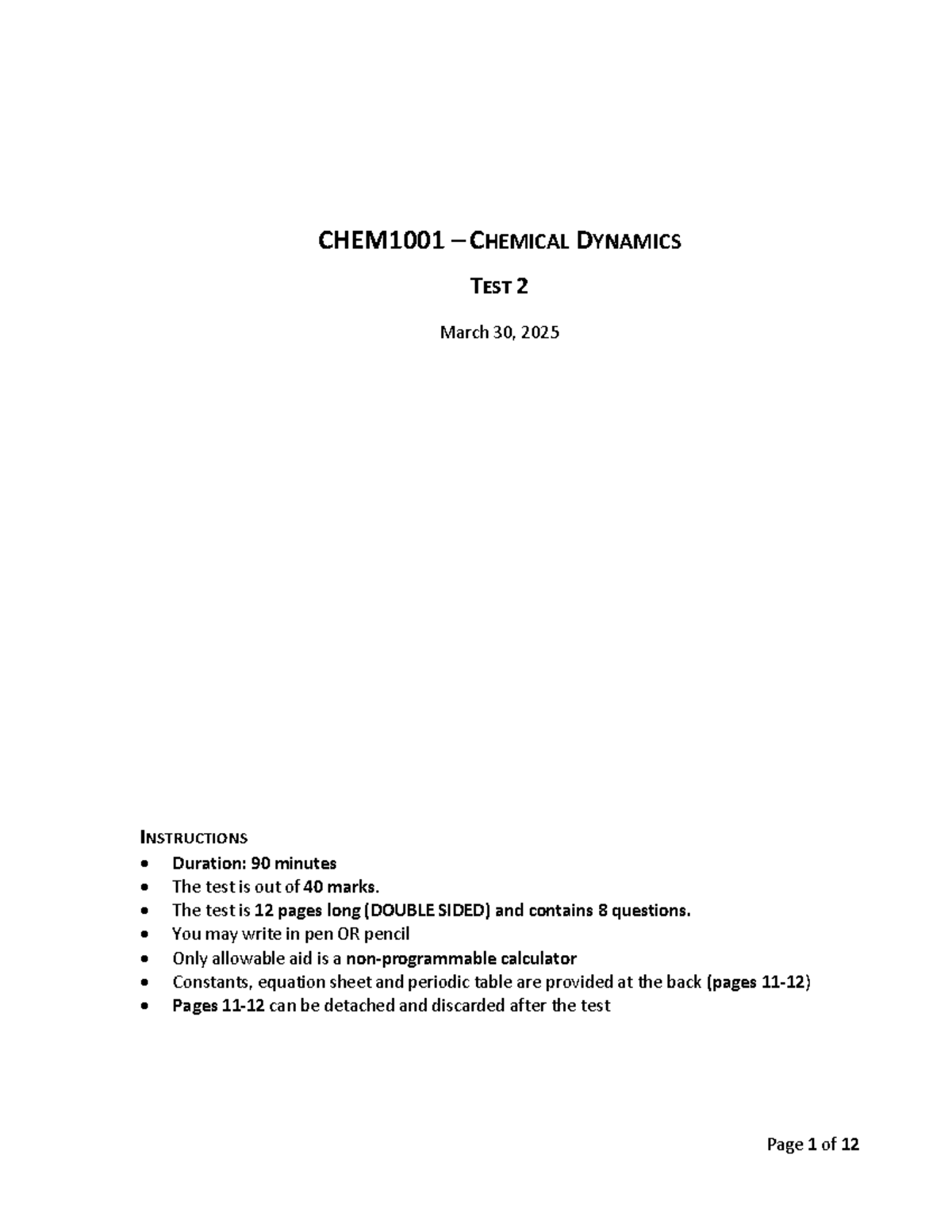 CHEM1001 CHEMICAL DYNAMICS TEST 2 SOLUTIONS March 30, 2025 - Studocu