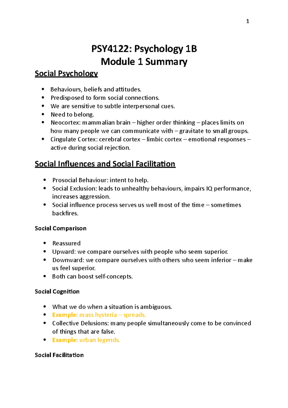 PSY4122 Summary notes - PSY4122: Psychology 1B Module 1 Summary Social ...