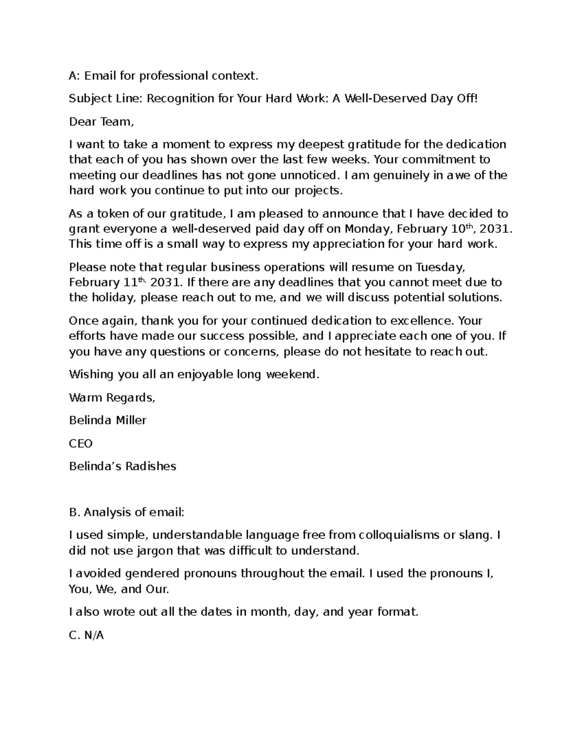Task 1 Submission - Email for Professional Context - A: Email for ...