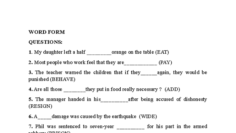 WORD FORM QUESTIONS: Exercises & Answers (ENG 101) - Studocu