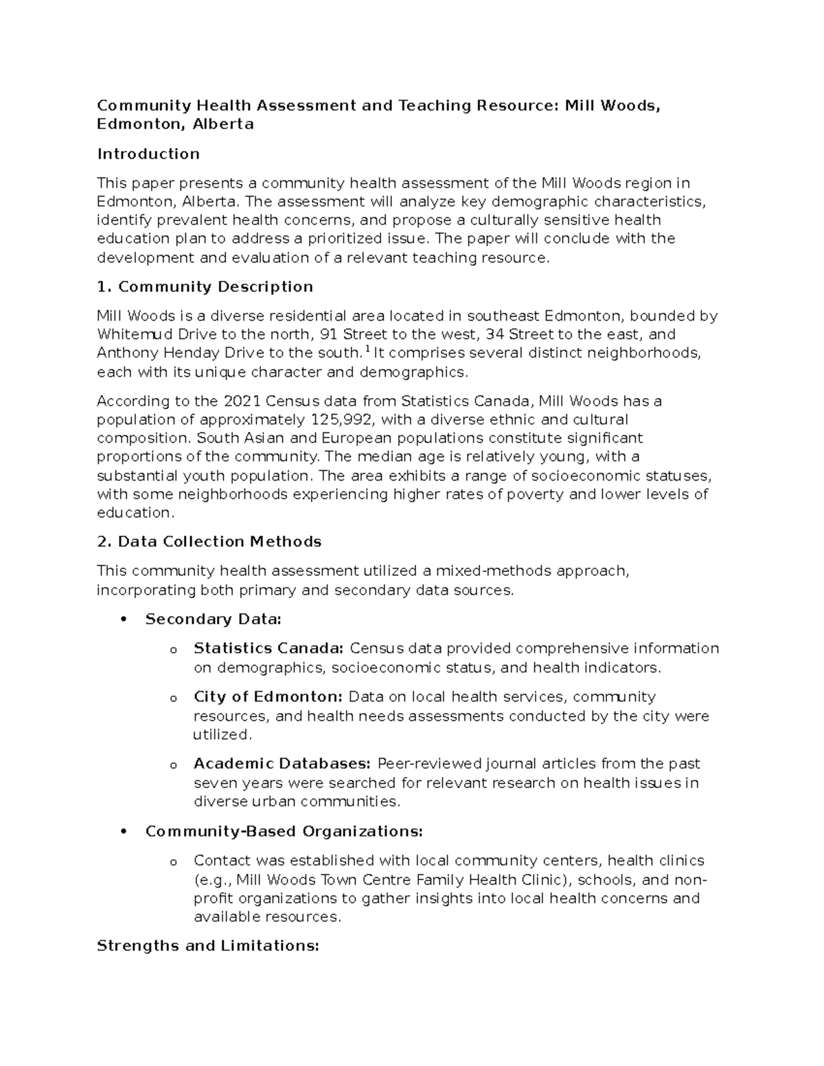 Community Health Assessment: Mill Woods, Edmonton - Teaching Resource 2 ...