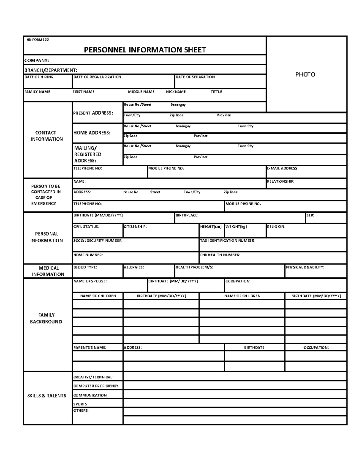 122 Personnel Information Sheet: Employee Details and Records - Studocu