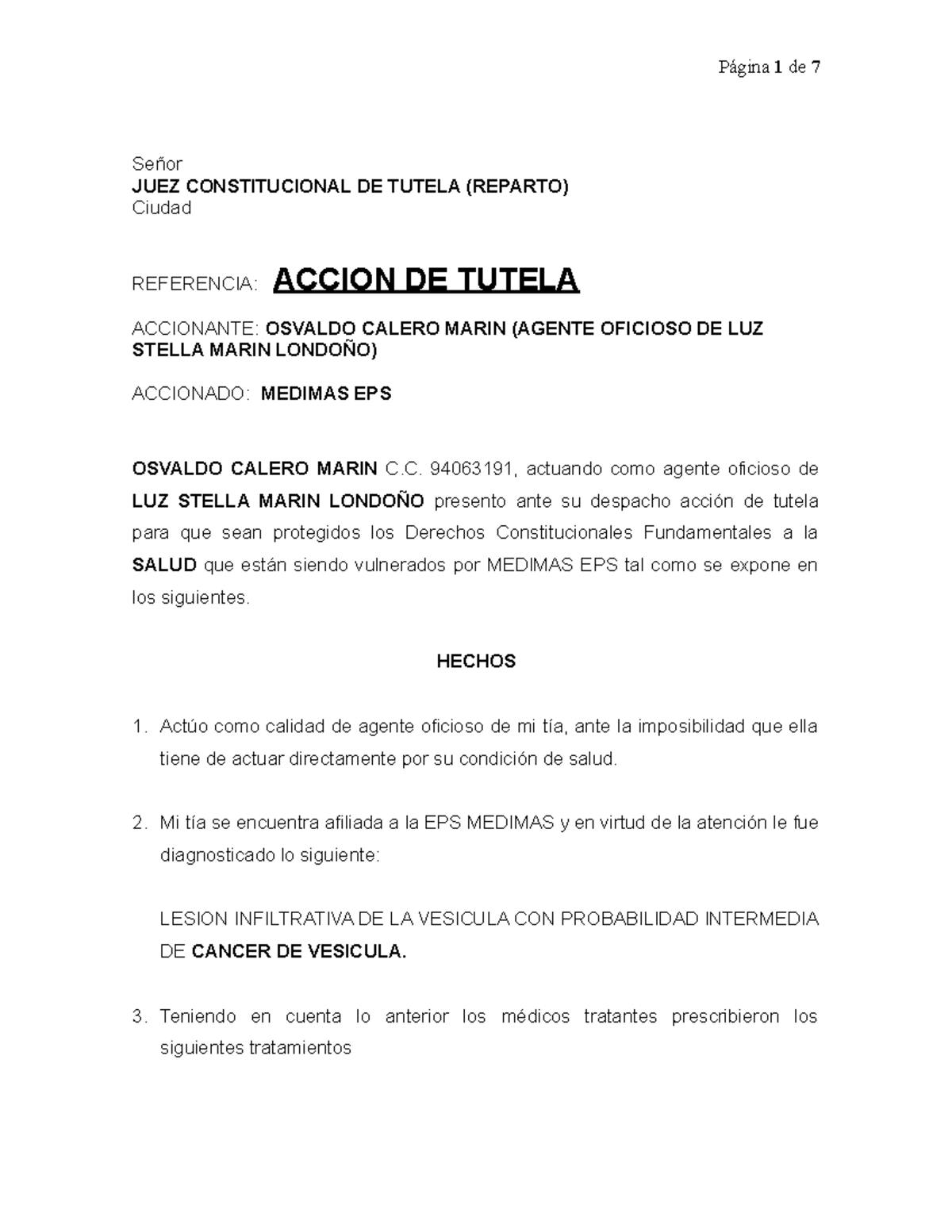 ACCION DE TUTELA - OSVALDO CALERO MARIN vs MEDIMAS EPS - Studocu