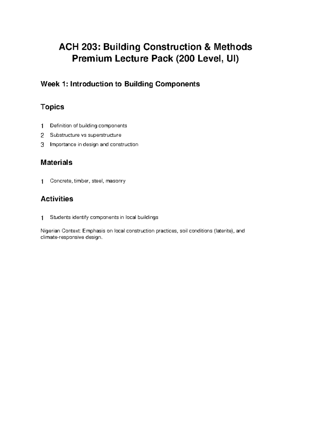 ACH 203: Building Construction Methods Lecture Pack (200 Level, UI ...