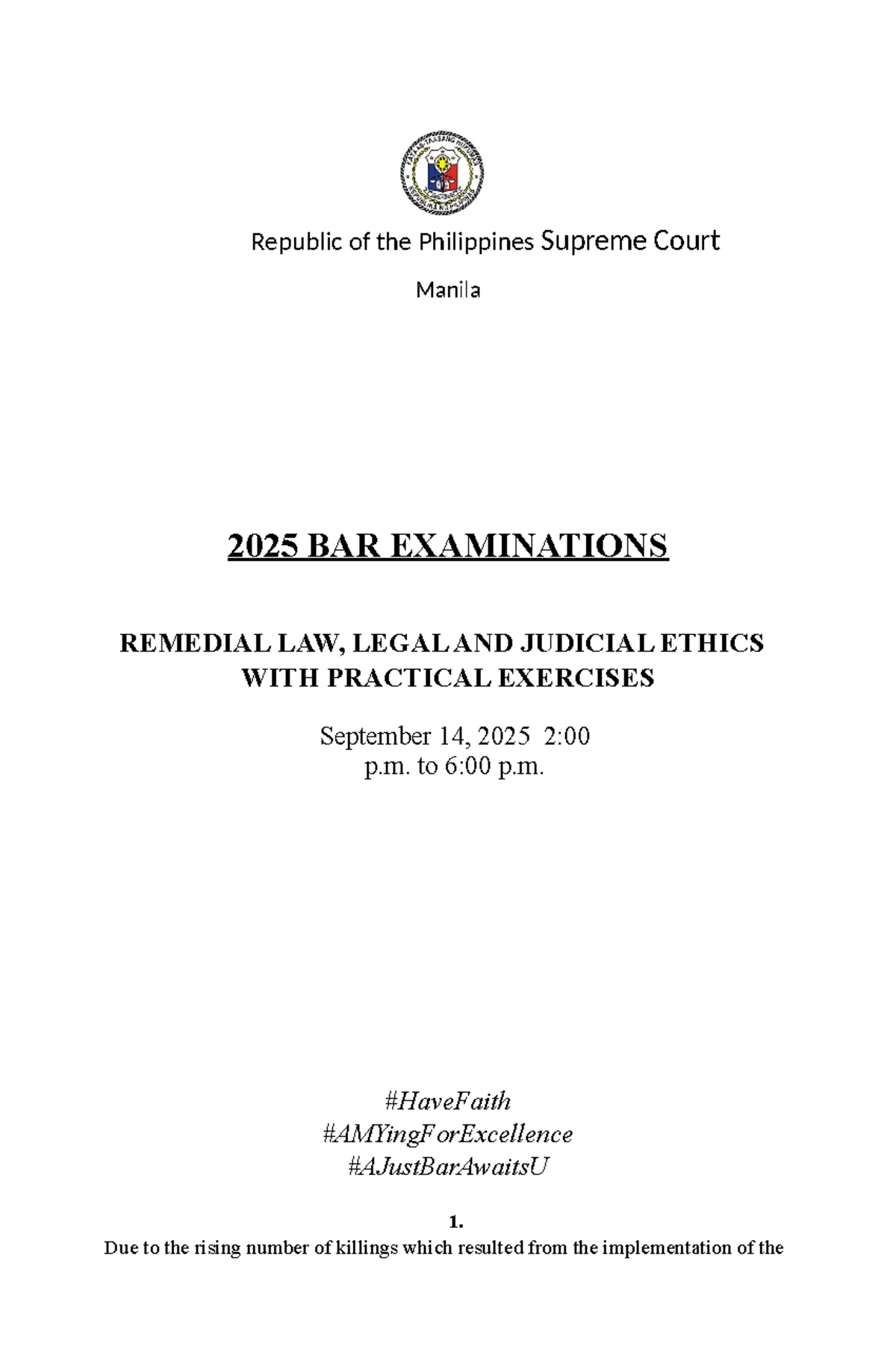 2025 BAR EXAM REMEDIAL LAW & LEGAL ETHICS QUESTIONS - Studocu