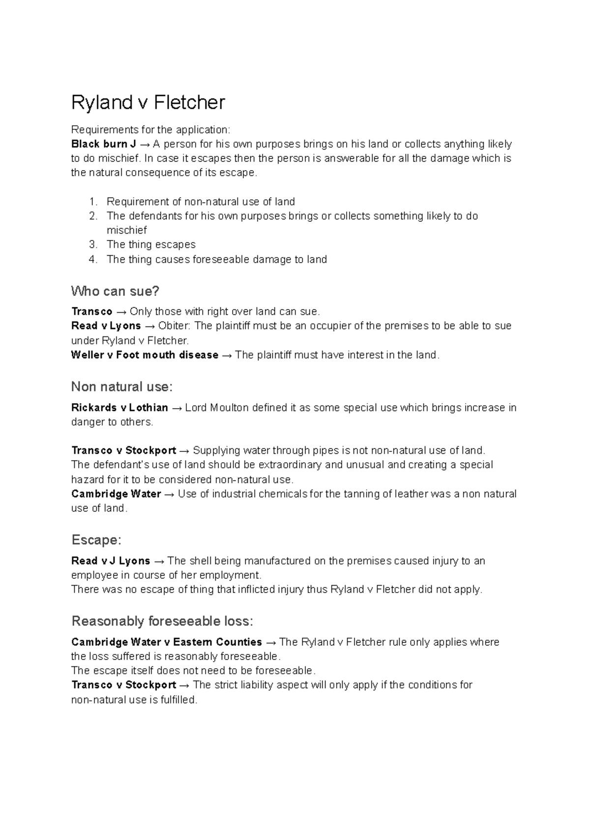 Rylands v Fletcher - Comprehensive Summary Notes for Law 101 - Studocu