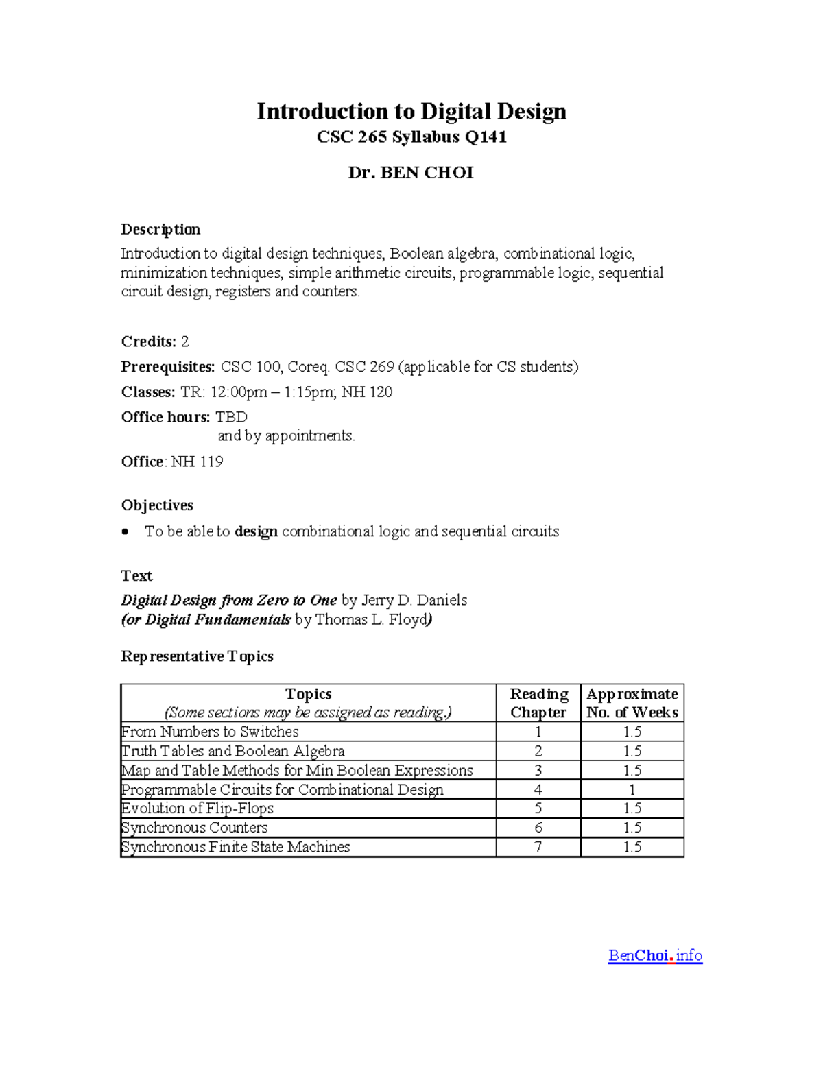 CSC 265 Syllabus - Fall 2020-21 - BenChoi Introduction to Digital ...