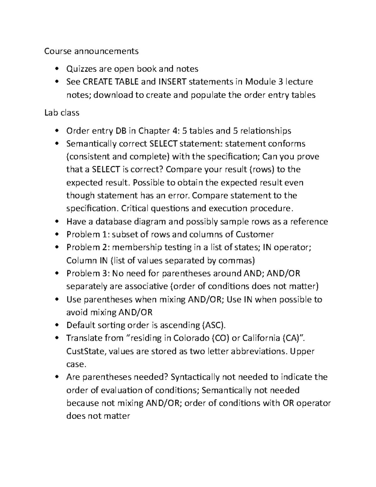 Class 06: Lab & Quiz Notes on SELECT Statements and DB Conditions - Studocu