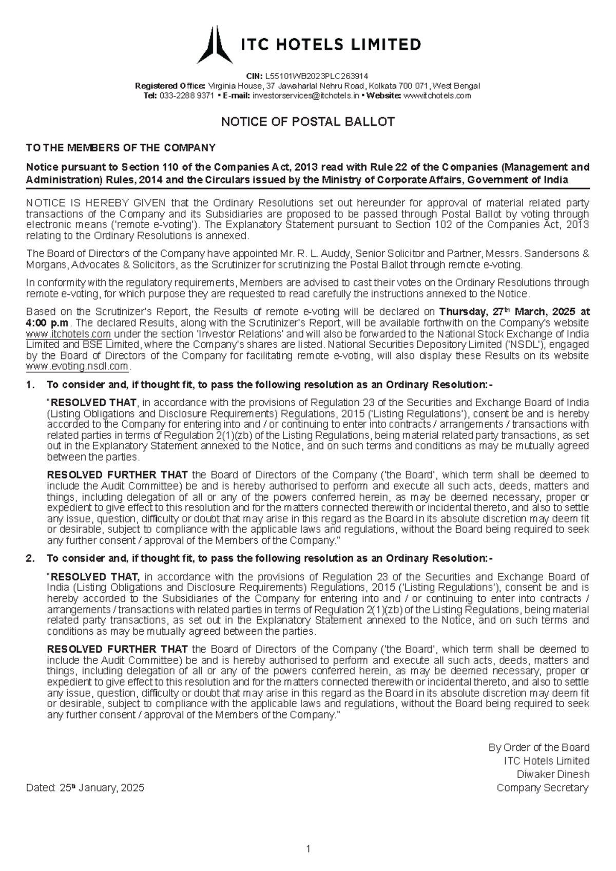 Notice of Postal Ballot for ITC Hotels Ltd. - Related Party ...