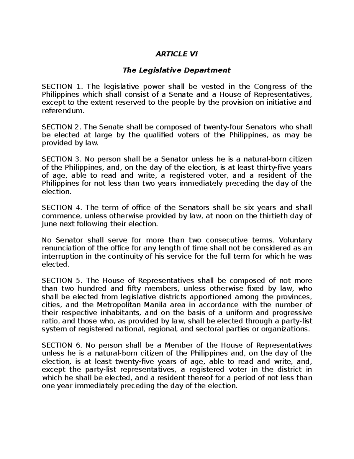 Article VI - Philippine Constitution - ARTICLE VI The Legislative ...