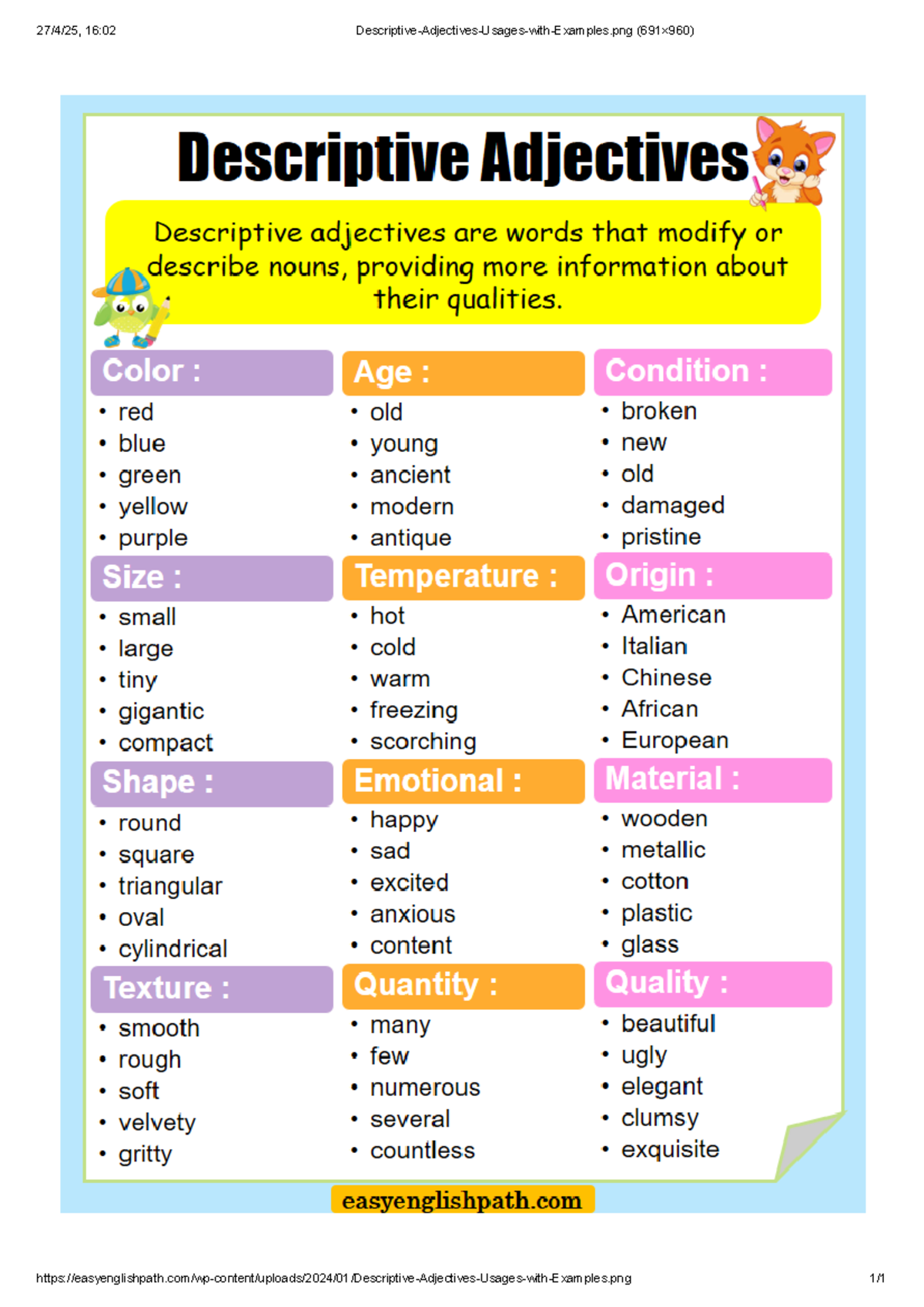 Descriptive Adjectives Overview for English 16:02 Class Notes - Studocu