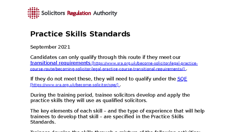 SRA Skills Standards for Trainee Solicitors - Assignment - Studocu