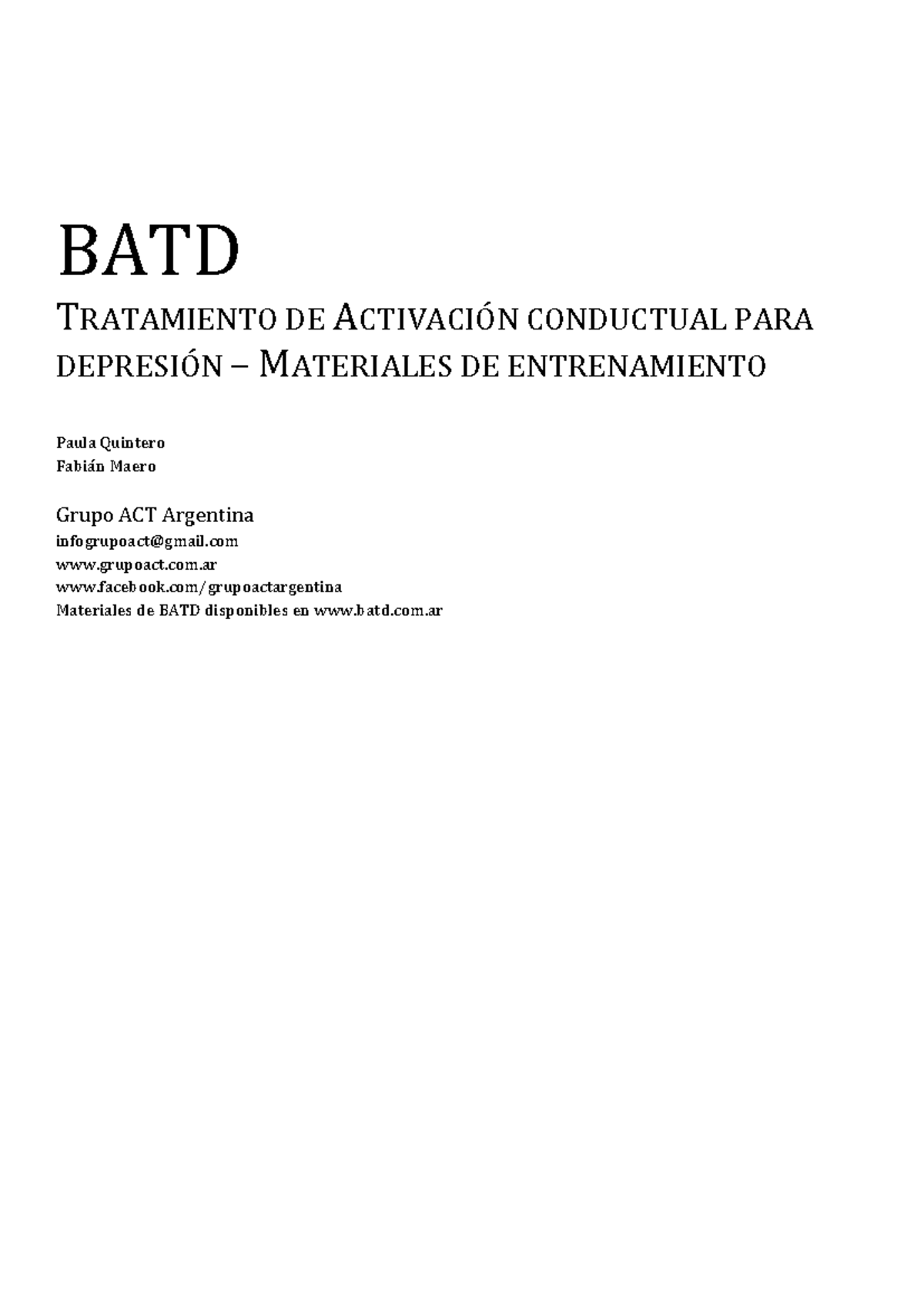 BATD: Tratamiento de Activación Conductual para Depresión - Materiales ...
