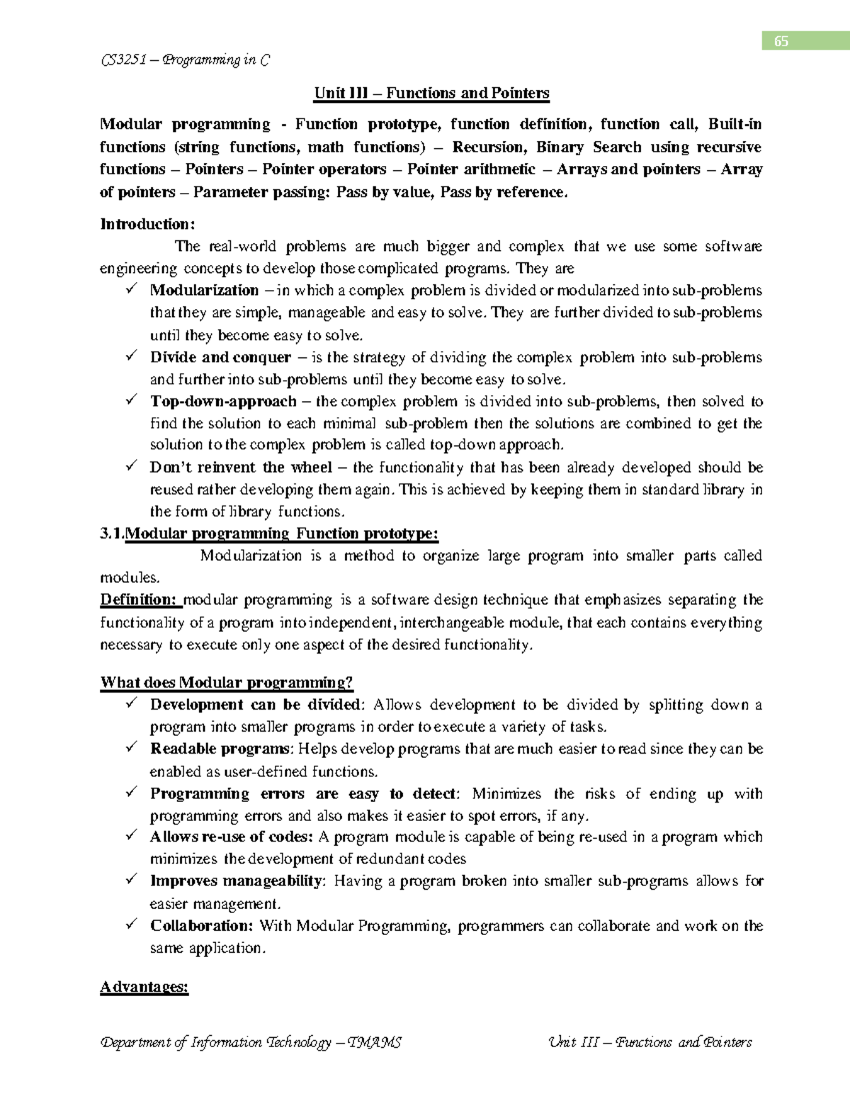 3. Unit III - Notes - CS3251 – Programming in C Unit III – Functions ...