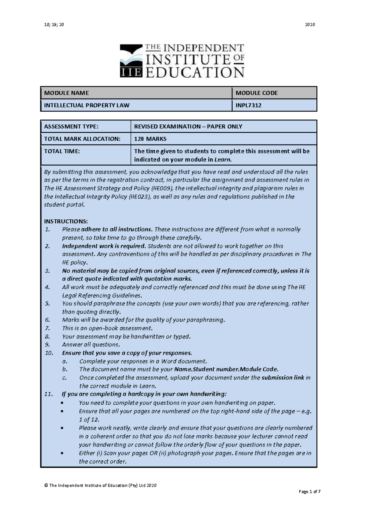 Revised Exam Preparation for Intellectual Property Law (INPL) 2020 ...