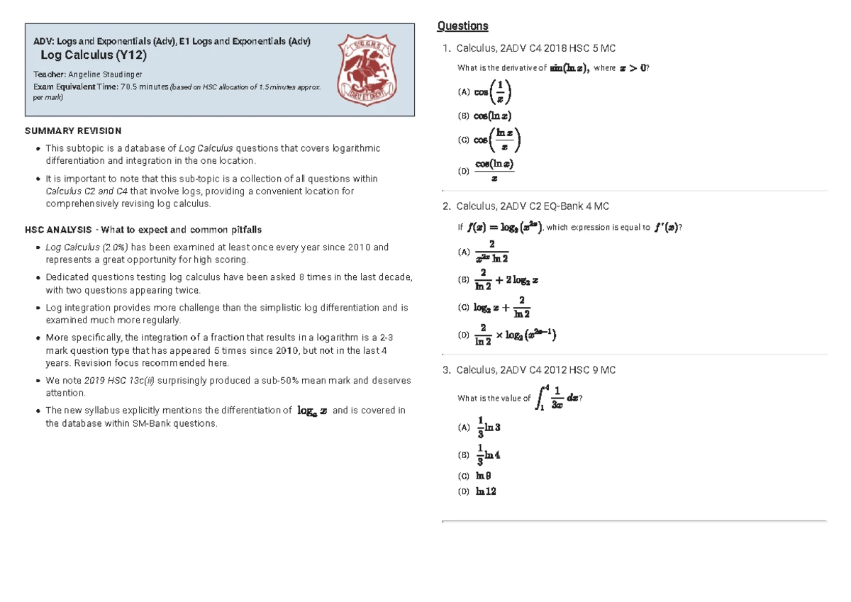 Year 11 Maths Study Notes: Calculus, Statistics & Trigonometry - Studocu