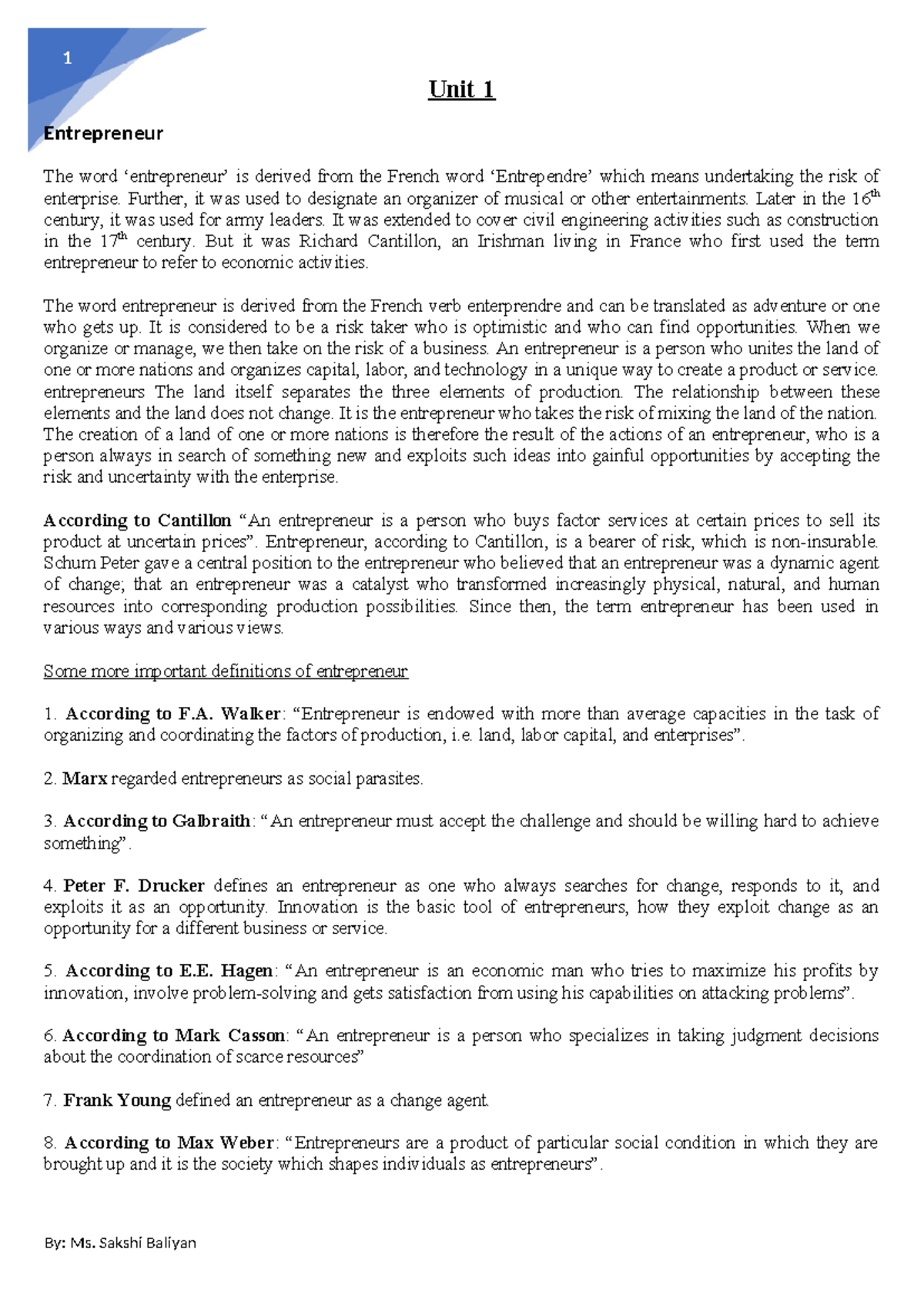 Unit 1 (ED) - Best notes for unit 1 - Unit 1 The word ‘entrepreneur’ is ...