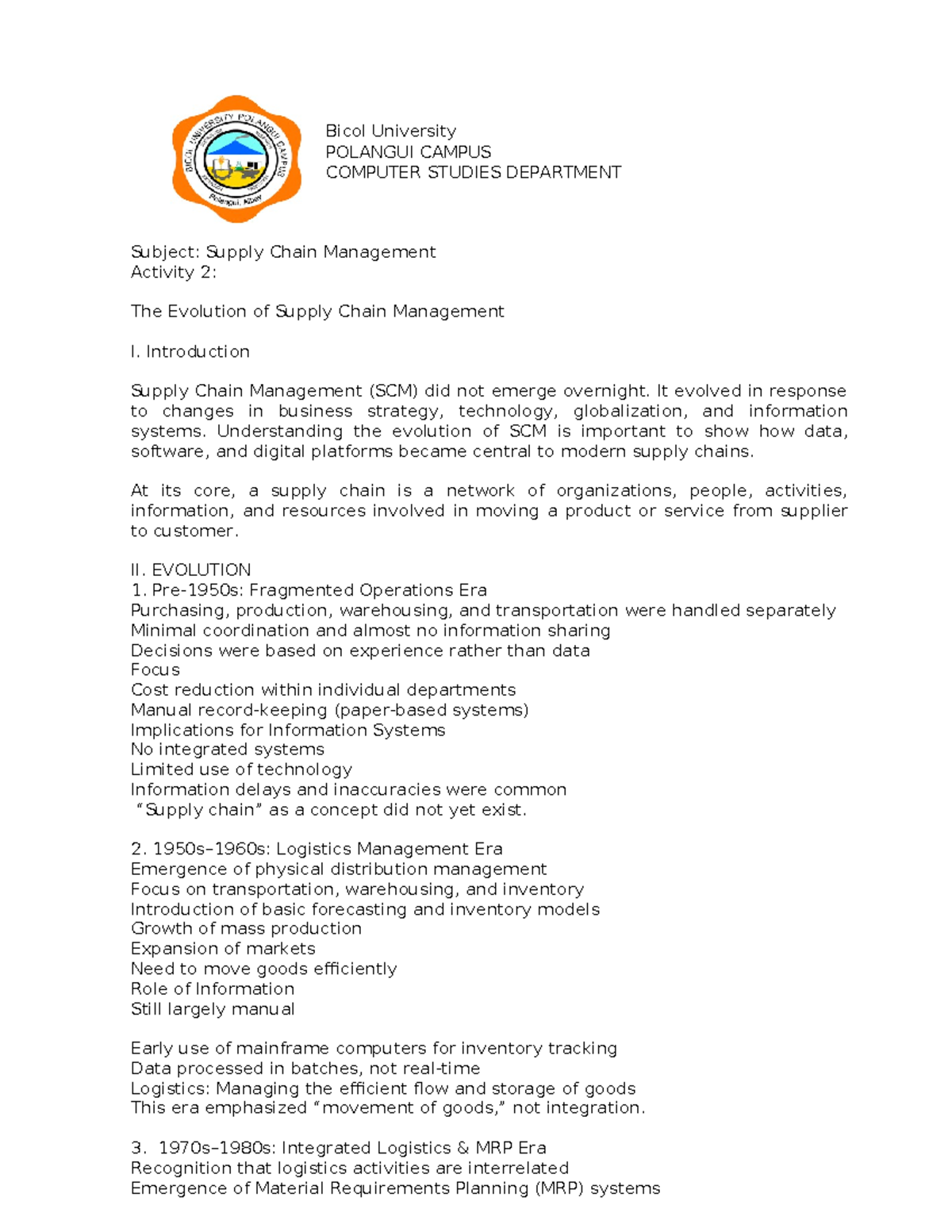 Bicol University SCM Activity 2: Evolution of Supply Chain Management ...