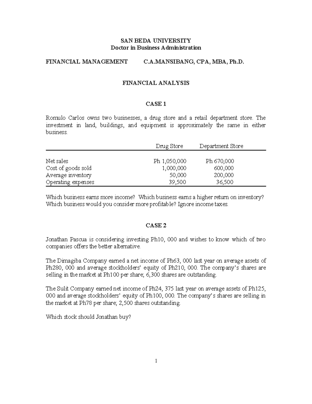 Advance Finance - Financial Analysis Exercises - SAN BEDA UNIVERSITY ...