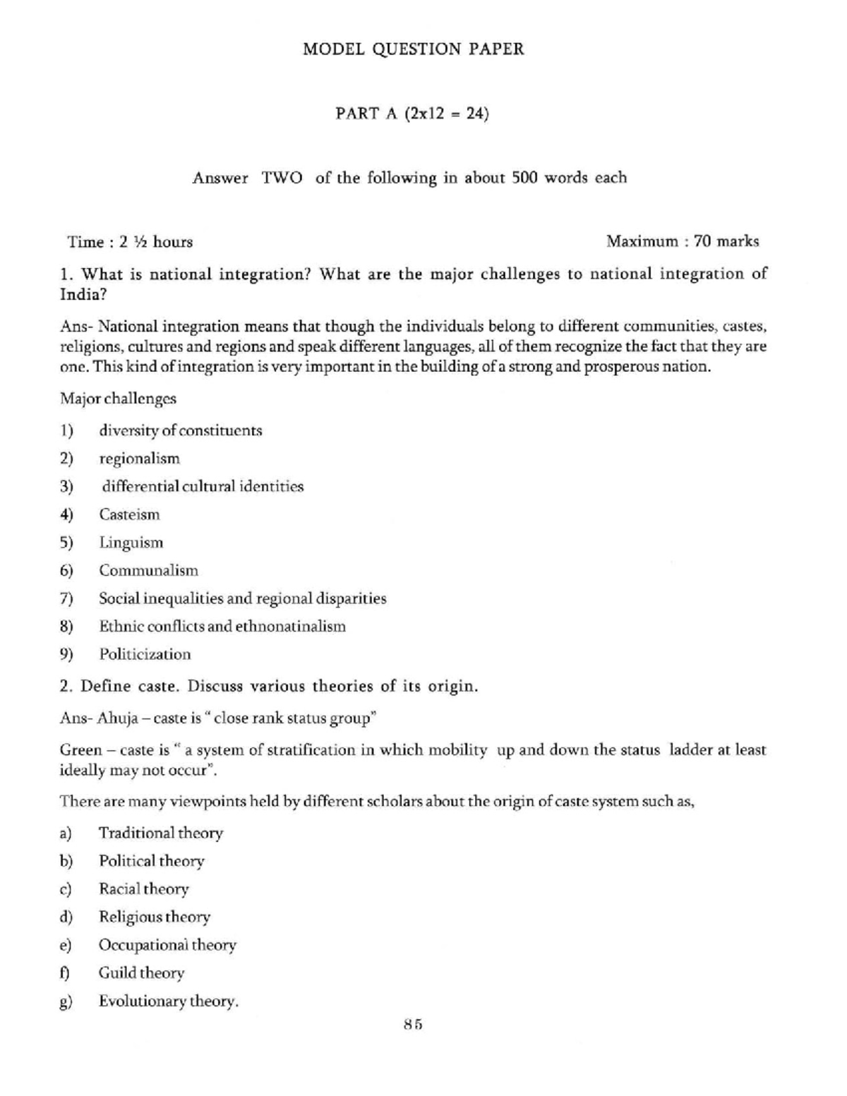 Model Question Paper of Sociology with Answers - Sociology - I - Studocu