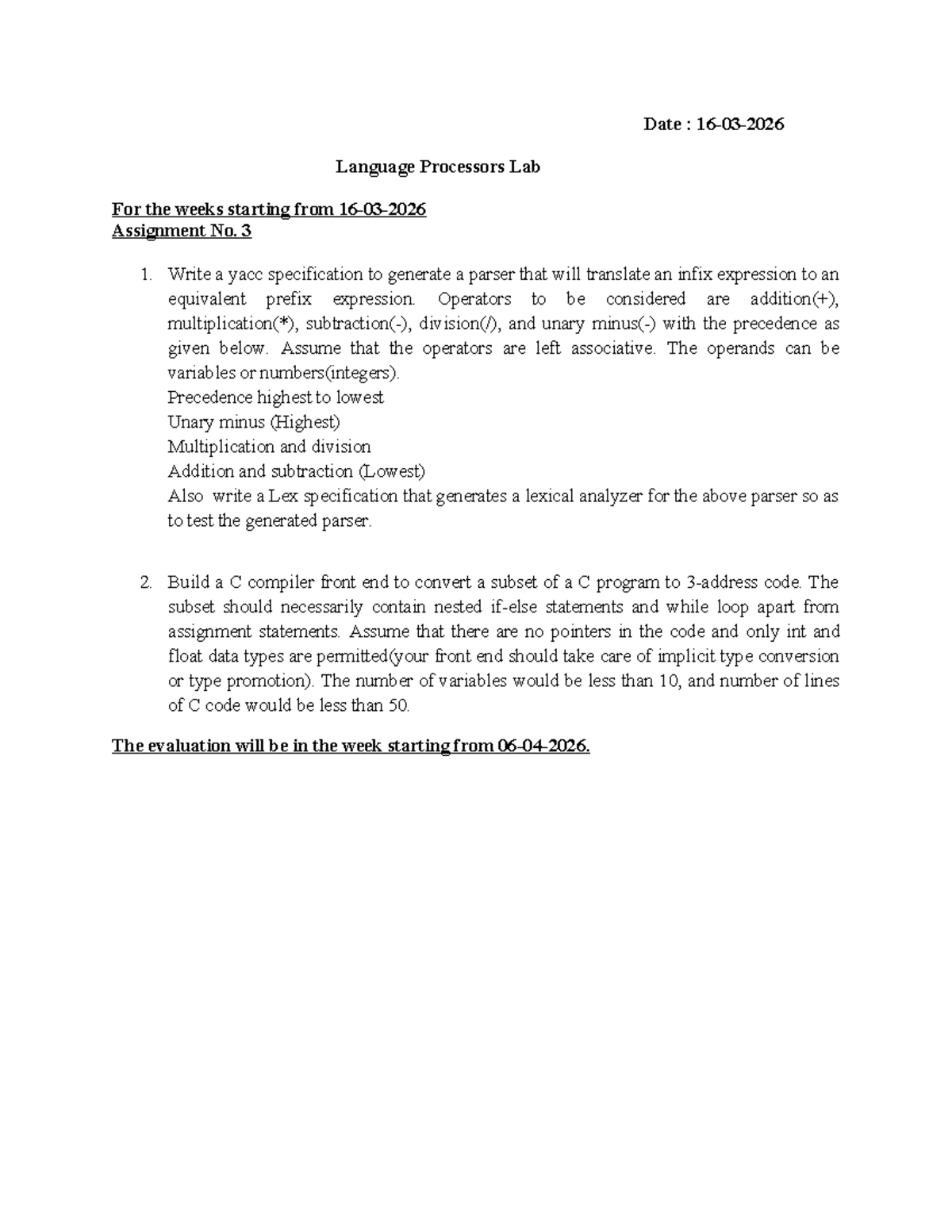 Language Processors Lab: Assignment 3 - Parser & Compiler Design - Studocu